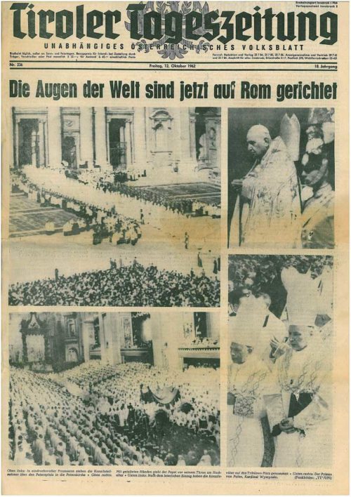 Eröffnung des II. Vatikanischen Konzils am 12.11.1962, Tiroler Tageszeitung, Originalexemplar von Frau Erika Weissitsch aus Selpritsch-Žoprače, dem Pfarrarchiv am 03.03.2013 übergeben. (© Foto: Pfarrarchiv Augsdorf-Loga vas)