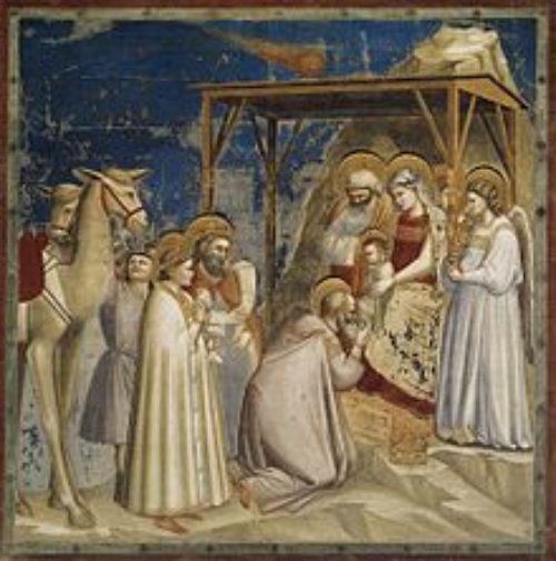 Fresko in der Cappella degli Scrovegni (Padua) v. Giotto di Bondone mit Darstellung eines Kometen (um 1305) (© Foto: https://de.wikipedia.org/wiki/Heilige_Drei_Könige                                                                )