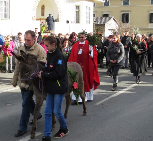 Prozession in die Kirche mit Eselin “Eva“ (© Foto: Lydia Messner)
