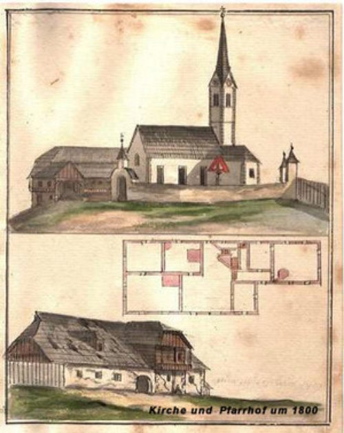 alte Pfarrkirche und Pfarrhof Fürnitz um 1800 (© Foto: Diözesanarchiv)