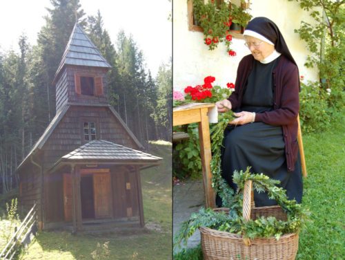 Vence iz jelkinih vejic in pušpana, s katerimi okrasijo kapelo za žegnanje, vsako leto splete sestra Serafina. (© Foto: Miran Kelih/nedelja) Vence iz jelkinih vejic in pušpana, s katerimi okrasijo kapelo za žegnanje, vsako leto splete sestra Serafina. (© Foto: Miran Kelih/nedelja)