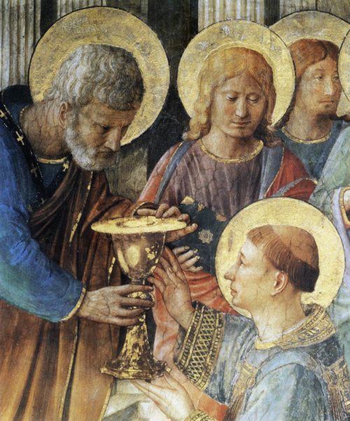 Stephanus wird zum Diakon geweiht. Gemälde von Fra Angelico. Der Maler wurde zwischen 1386 und 1400 geboren  und starb 1455.  (© Foto: Bildquelle: https://www.heiligenlexikon.de/BiographienS/Stephanus.htm)