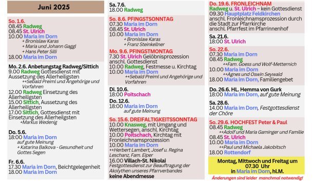 Bild: Gottesdienstordnung Pfarrverband - Monatsübersicht