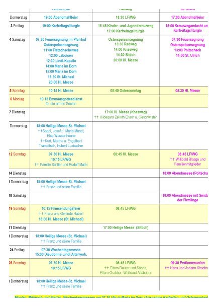 Bild: Gottesdienstordnung Pfarrverband - Monatsübersicht