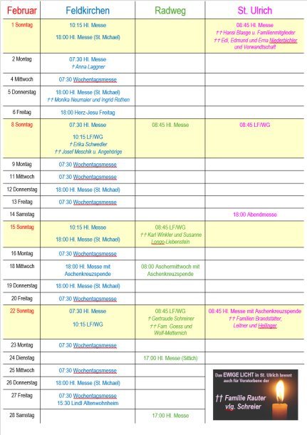 Bild: Gottesdienstordnung Pfarrverband - Monatsübersicht