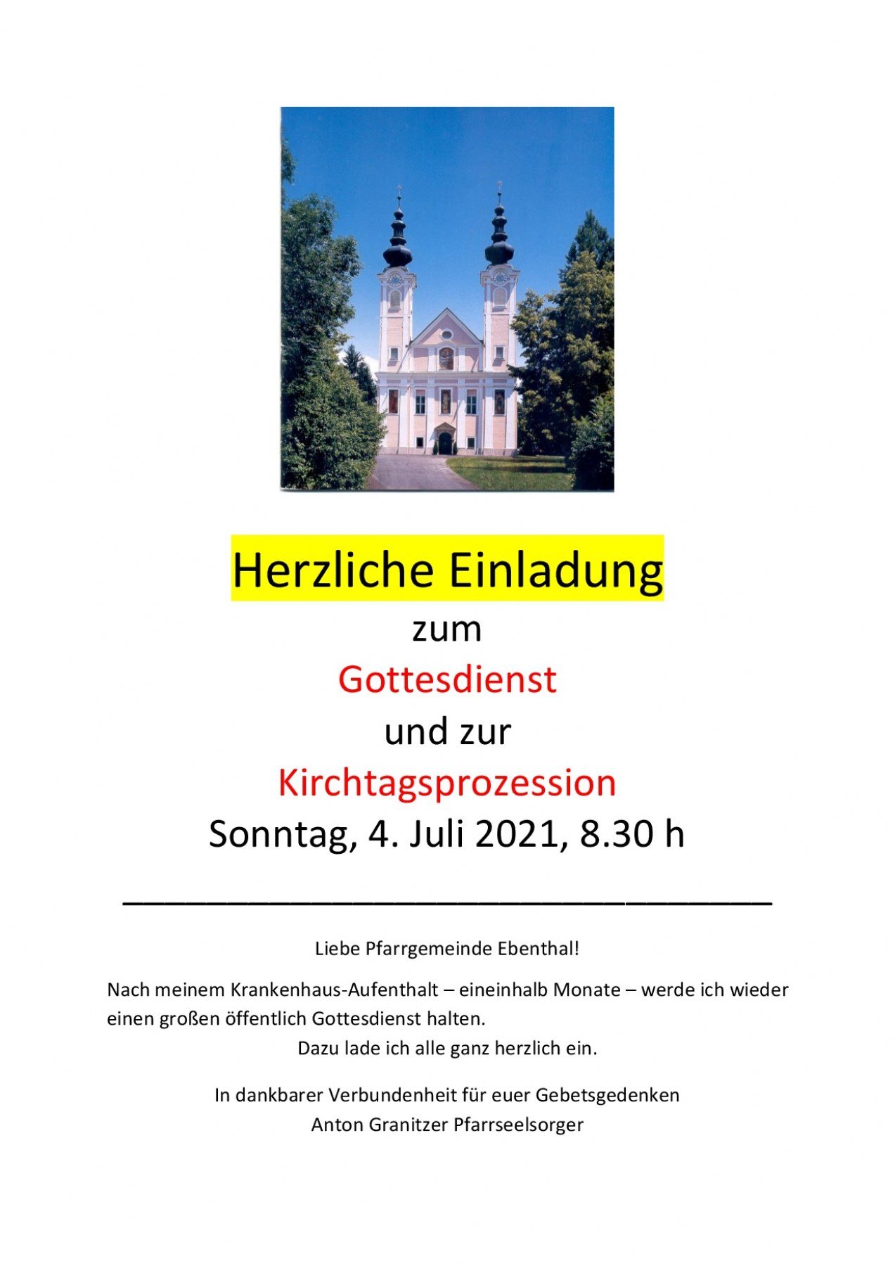 Einladung zum Gottesdienst und zur Kirchtagsprozession in der Pfarre
