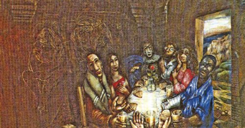 Jesus bricht das Brot. Er nährt und stärkt Menschen und richtet auf. Zeichen auf dem Weg der Barmherzigkeit. (© Foto: Sieger Köder: Das Mahl mit den Sündern) Jesus bricht das Brot. Er nährt und stärkt Menschen und richtet auf. Zeichen auf dem Weg der Barmherzigkeit. (© Foto: Sieger Köder: Das Mahl mit den Sündern)