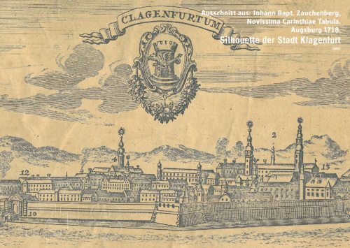 Silhouette der Stadt Klagenfurt - Ausschnitt aus: Johann Bapt. Zauchenberg, Novissima Carinthiae Tabula, Augsburg 1718. (© Foto: Archiv der Diözese Gurk)