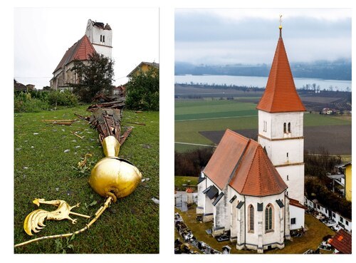 Die Kirche St. Marxen nach dem Unwetter im Juli 2023 (Foto l.: Gert Eggenberger) und nach der Renovierung mit dem neuen Kirchturm (Foto r.: Dieter Kulmer Photography)
