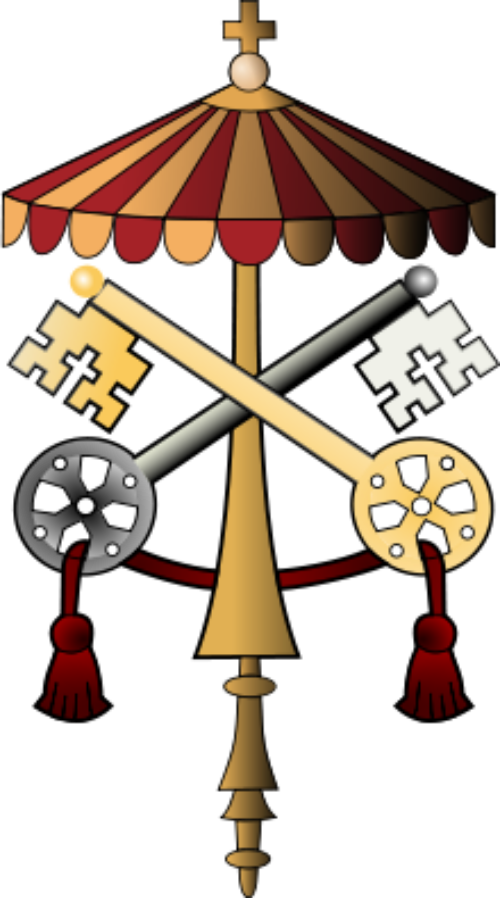 Das Wappen der Sedisvakanz ist zweigeteilt: oberhalb die gekreuzten Petrusschlüssel und über ihnen anstatt der Tiara ein als Padiglione bezeichneter Baldachin mit rot-gelben Streifen. (© Foto: vatican.va)