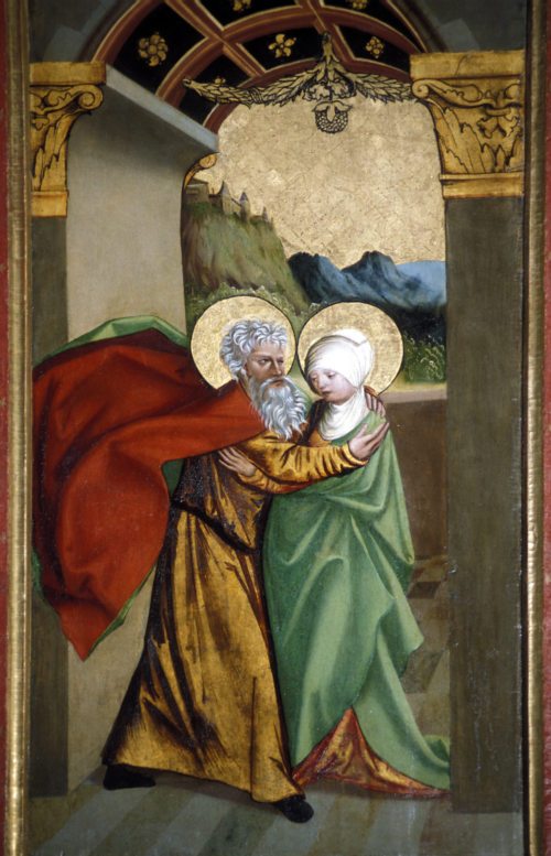 Begegnung von Anna und Joachim, der Eltern Marias, an der Goldenen Pforte, “Annenaltar“ in der Pfarrkirche Bad St. Leonhard, um 1513; Foto: Prof. Heinz Ellersdorfer Begegnung von Anna und Joachim, der Eltern Marias, an der Goldenen Pforte, “Annenaltar“ in der Pfarrkirche Bad St. Leonhard, um 1513; Foto: Prof. Heinz Ellersdorfer