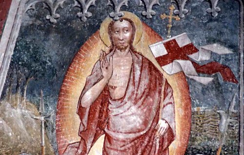 “Auferstandener Christus“, Pfarrkirche Thörl-Maglern, Fresken, 15. Jh.; Foto: Nachlass Prof. Heinz Ellersdorfer “Auferstandener Christus“, Pfarrkirche Thörl-Maglern, Fresken, 15. Jh.; Foto: Nachlass Prof. Heinz Ellersdorfer