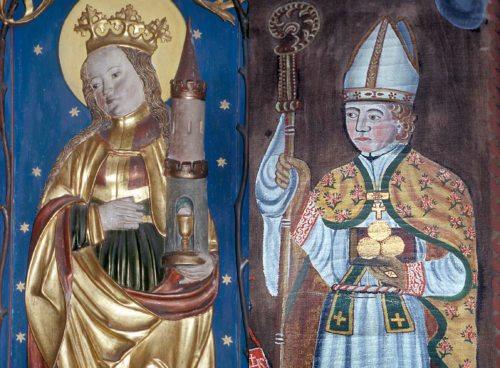 Hl. Barbara (Filialkirche hl. Cäcilia in der Pfarre Althofen, Flügelrelief, um 1517) und Hl. Nikolaus (Pfarrkirche hl. Nikolaus in Oberhof im Metnitztal, Fastentuch-Ausschnitt, 1838) (© Foto: Fotos: Prof. Ellersdorfer)