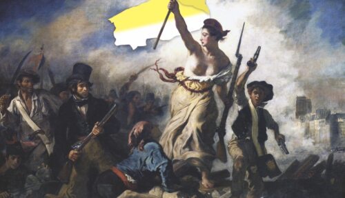 Bildunterschrift (Eugène Delacroix - Göttin der Freiheit im Zentrum der französischen Julirevolution - im Bild als Collage mit einer Kirchenfahne (hb)Bildrechte sind zwingend anzugeben!)