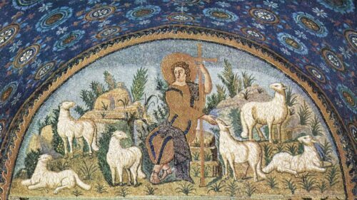 Der gute Hirte - Meister des Mausoleums der Galla Placidia in Ravenna, Public domain, via Wikimedia Commons (Kopiert aus der Homepage Katholische Kirche Kärnten).
