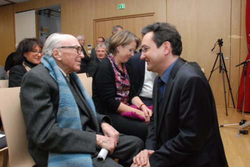 Nagrajenec Boris Pahor in lavdator večera Fabjan Hafner (© Foto: gotthardt/Nedelja)