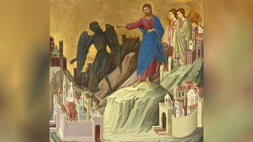 Duccio di Buoninsegna (1255-1319) - Versuchung auf dem Berge - <a  data-cke-saved-href=“https://commons.wikimedia.org/wiki/File:Duccio_-_The_Temptation_on_the_Mount.jpg“ href=“https://commons.wikimedia.org/wiki/File:Duccio_-_The_Temptation_on_the_Mount.jpg“>Duccio di Buoninsegna</a>, Public domain, via Wikimedia Commons