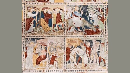 Izgon trgovcev iz templja. Gotska stenska slika v preddverju stolnice v Krki. (slika Ellersdorfer)