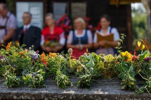 In vielen Kärntner Pfarren finden am Hochfest Mariä Himmelfahrt Kräutersegnungen statt.<br />
Foto (Kräutersegnung 2021 in der Pfarre Hlgst. Dreifaltigkeit am Gray): Anton Wieser