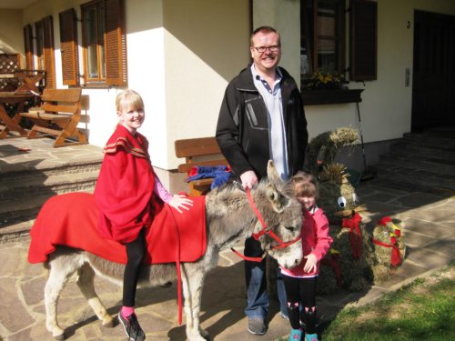 Sarah mit Papa Christian und Schwester Leonie beim Probereiten auf Susi am Eselhof Knabl in Pirk  (© Foto: P. Wornik)