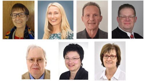 Wurden von Bischof Marketz als Ständige Lektorinnen und Lektoren beauftragt: Adunka, Dreger, Fugger, Glinik (oben v. l.), Kröll, Perne, Urank (unten v. l.); Fotos: privat