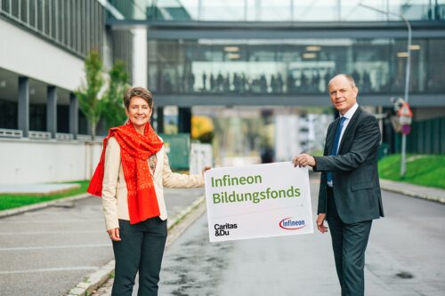  Sabine Herlitschka, Vorstandsvorsitzende Infineon Austria, und Oliver Heinrich, Finanzvorstand Infineon Austria, freuen sich über die Fortführung der Kooperation mit der Caritas Kärnten. (Copyright: Infineon Austria)