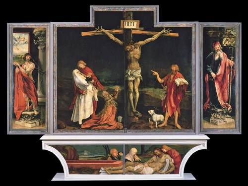 BildIsenheimer Altar (Kreuzigungsszene mit Johannes, Lieblingsjünger Jesu, und Maria sowie Maria Magdalena (links), Johannes der Täufer auf Jesus als Lamm Gottes weisend (rechts). Darunter Beweinung Jesu nach der Kreuzabnahme. Linker Flügel: Heiliger Sebastian, rechter Flügel: Heiliger Antonius (aus Wikipedia)). BildIsenheimer Altar (Kreuzigungsszene mit Johannes, Lieblingsjünger Jesu, und Maria sowie Maria Magdalena (links), Johannes der Täufer auf Jesus als Lamm Gottes weisend (rechts). Darunter Beweinung Jesu nach der Kreuzabnahme. Linker Flügel: Heiliger Sebastian, rechter Flügel: Heiliger Antonius (aus Wikipedia)).