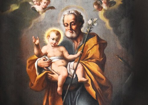 Heiliger Josef mit Jesuskind, Altarblatt südlicher Seitenaltar an der Triumphbogenwand, Filialkirche Viktring Stein; Foto: R. Schiestl Heiliger Josef mit Jesuskind, Altarblatt südlicher Seitenaltar an der Triumphbogenwand, Filialkirche Viktring Stein; Foto: R. Schiestl