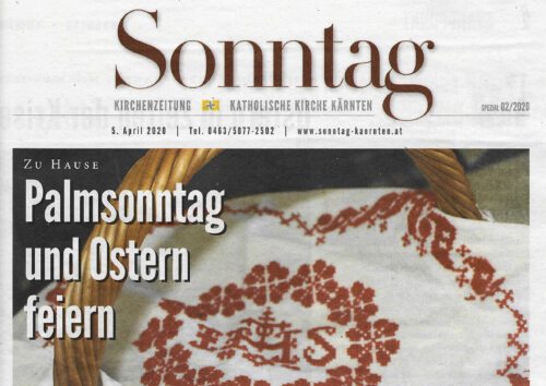 Aus der Titelseite der Kirchenzeitung „Sonntag“ vom 05. April 2020.<br />
(Katholische Kirche Kärnten).