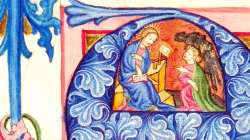 „Verkündigungsszene“ aus dem Mariale von Jacobus de Voragine, Archiv der Diözese Gurk, Mensalbibliothek, Codex XXIX c12, Nr. 1 Folio 13 v, ausgehendes 14. Jahrhundert. (Foto: Peter G. Tropper)