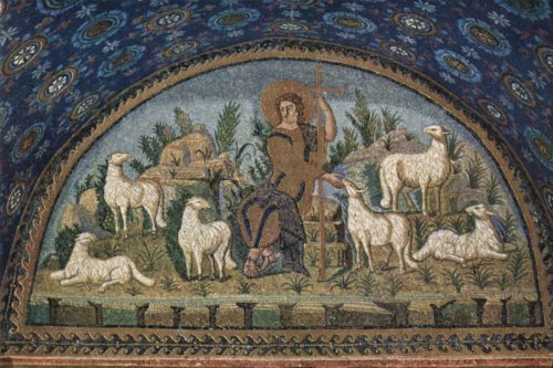 Der Gute Hirte - Darstellung im Mausoleum der Galla Placidia in Ravenna (5. Jh.) (© Foto: Commons-Wikimedia / gemeinfrei)
