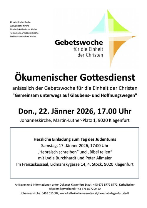 Einladung zu den Klagenfurter Veranstaltungen in der Gebetswoche für die Einheit der Christen 2026 (KK).