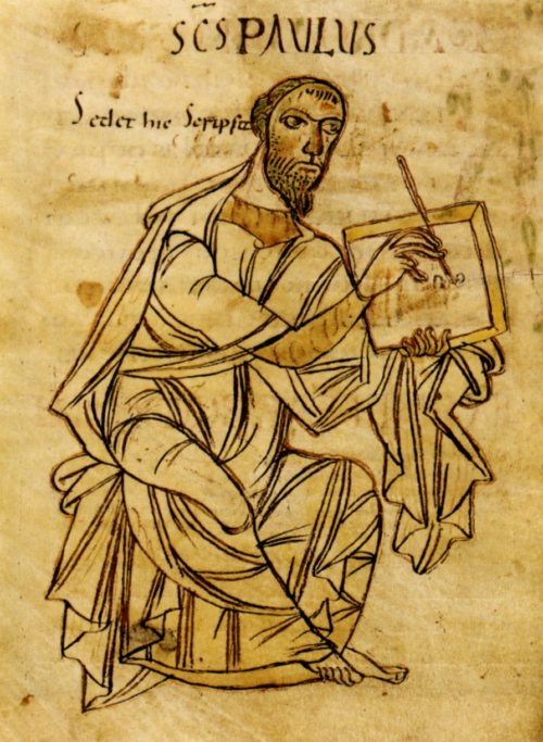 Der schreibende Paulus; Handschrift aus dem Kloster Sankt Gallen, 9. Jhdt; jetzt: Württembergische Landesbibliothek (© Foto: wikipedia) Der schreibende Paulus; Handschrift aus dem Kloster Sankt Gallen, 9. Jhdt; jetzt: Württembergische Landesbibliothek (© Foto: wikipedia)