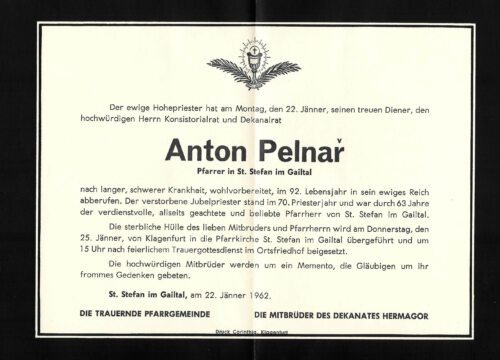 Parte von Pfarrer Anton Pelnar. (Pfarrarchiv).