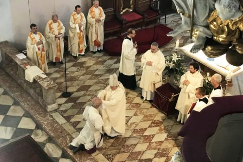 Bischof Maximilian Aichern weiht Wolfgang Hohenberger im Dom zu Klagenfurt zum Priester (Foto: KH Kronawetter)