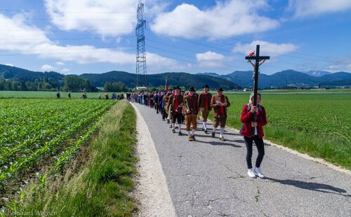 Die Teilnehmerinnen und Teilnehmer an der Fronleichnamsprozession 2026 auf ihrem Weg vom dritten zum vierten Altar neben einem Bildstock, dem sog. Markut Kreuz, an der Ortseinfahrt Maria Rojach (© Foto: Mag. Bernhard Wagner).