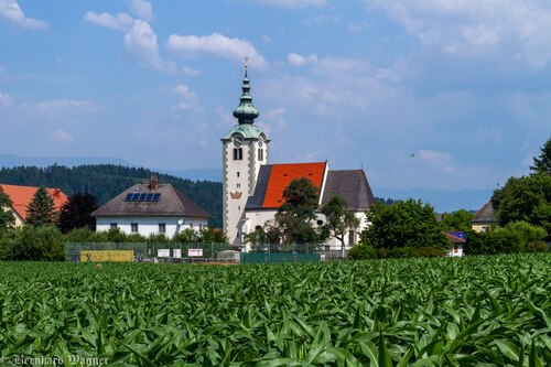 Blick zur Pfarr- und Wallfahrtskirche Maria Rojach während der Fronleichnamsprozession 2022 (© Foto: Mag. Bernhard Wagner).