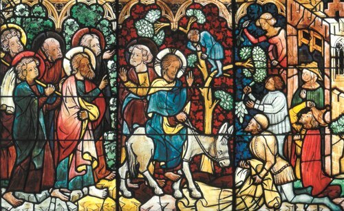 (Glasfenster aus der Zeit um 1400 in der Stiftskirche Viktring / Verlag Peda bzw. Pfarre Viktring-Stein)