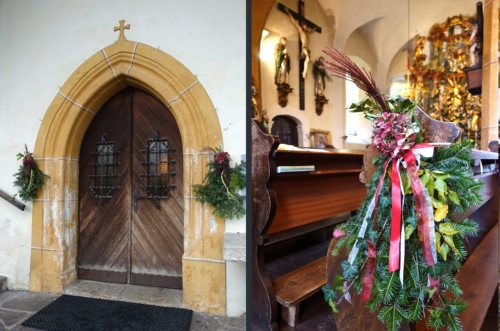 Die mit Tannengrün und herbstbunten Zweigen geschmückte Pfarrkirche (Foto: UM)