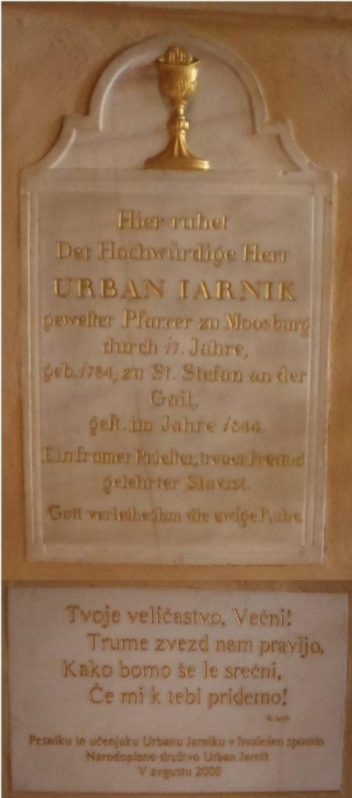 Grabstein und Gedenkstein von Urban Jarnik in der Pfarrkriche Moosburg (© Foto: Pfarre Moosburg)