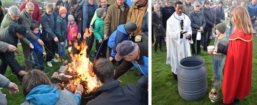Links: Die mitgebrachten Schwämme wurden im Osterfeuer entzunden.<br />
Rechts: Segnung des Osterwassers: Ein Ritual der Erneuerung und Hoffnung.<br />
<em>Foto: MM</em> Links: Die mitgebrachten Schwämme wurden im Osterfeuer entzunden.<br />
Rechts: Segnung des Osterwassers: Ein Ritual der Erneuerung und Hoffnung.<br />
<em>Foto: MM</em>