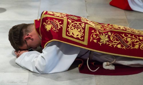 Niederwerfen (Prostratio) von Pfarrvrovisor Mag. Dr. Christoph Kranicki vor dem Volksaltar nach dem Einzug (© Foto: Mag. Bernhard Wagner).