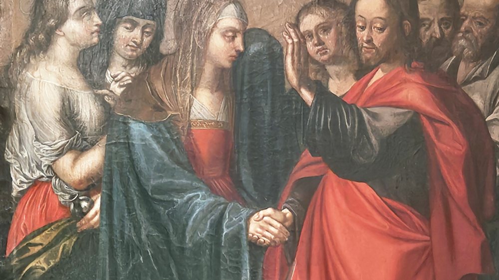 Maria Magdalena links mit langem Haar und Salbgefäß neben Maria beim Abschied Jesu von seiner Mutter (Abschiedsaltar in der Pfarrkirche St. Marein) |  © Foto:Pfarre St. Marein