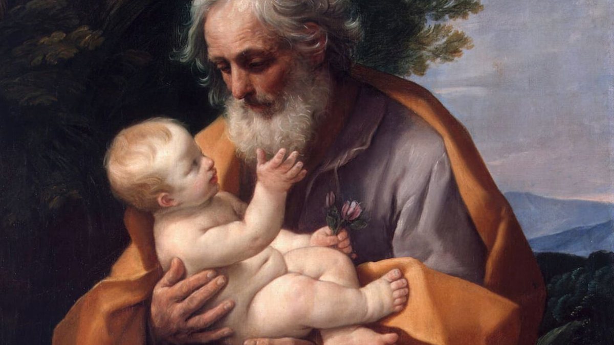 Der heilige Josef mit dem Jesuskind auf dem Arm. Gem&auml;lde von Guido Reni. (https://commons.wikimedia.org/wiki/File:Saint_Joseph_with_the_Infant_Jesus_by_Guido_Reni,_c_1635.jpg)