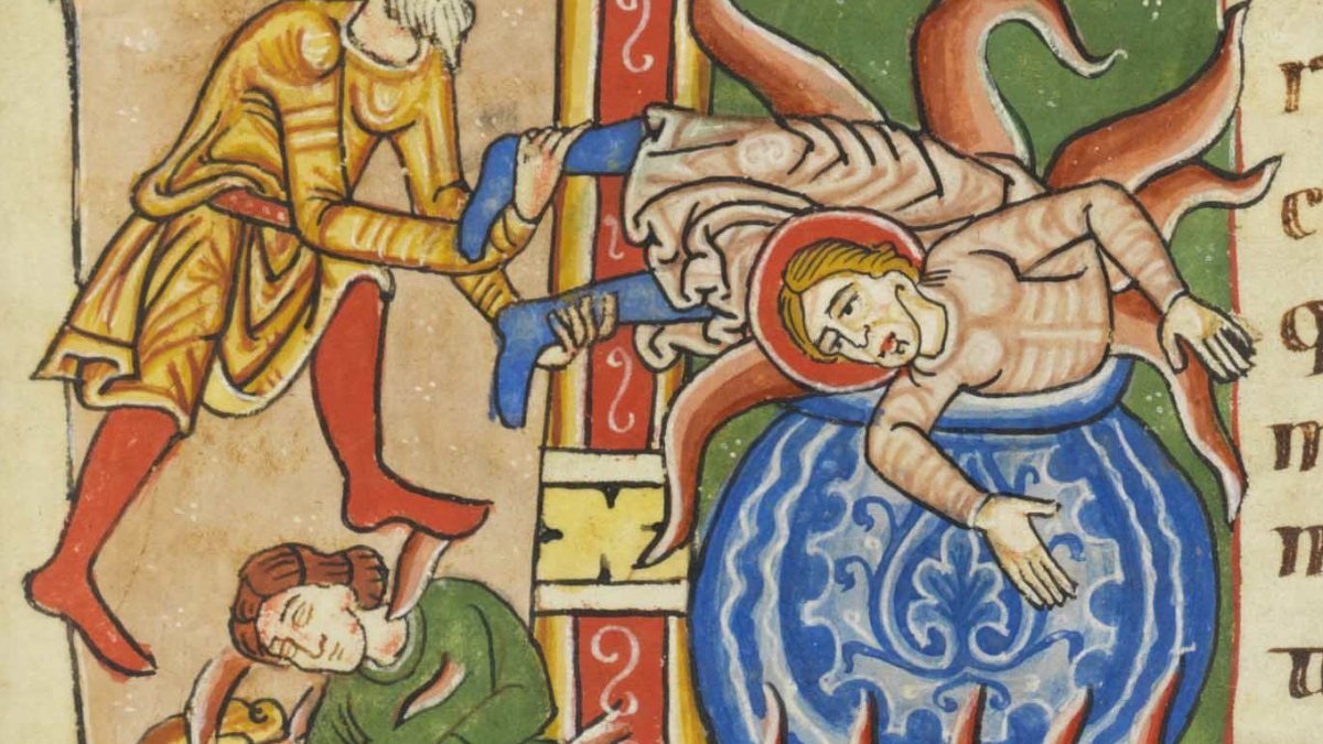 Martyrium des hl. Bonifatius von Tarsus; aus dem Weißenauer Passionale. (https://commons.wikimedia.org/wiki/File:Codex_Bodmer_127_071r_Detail.jpg) Martyrium des hl. Bonifatius von Tarsus; aus dem Weißenauer Passionale. (https://commons.wikimedia.org/wiki/File:Codex_Bodmer_127_071r_Detail.jpg)