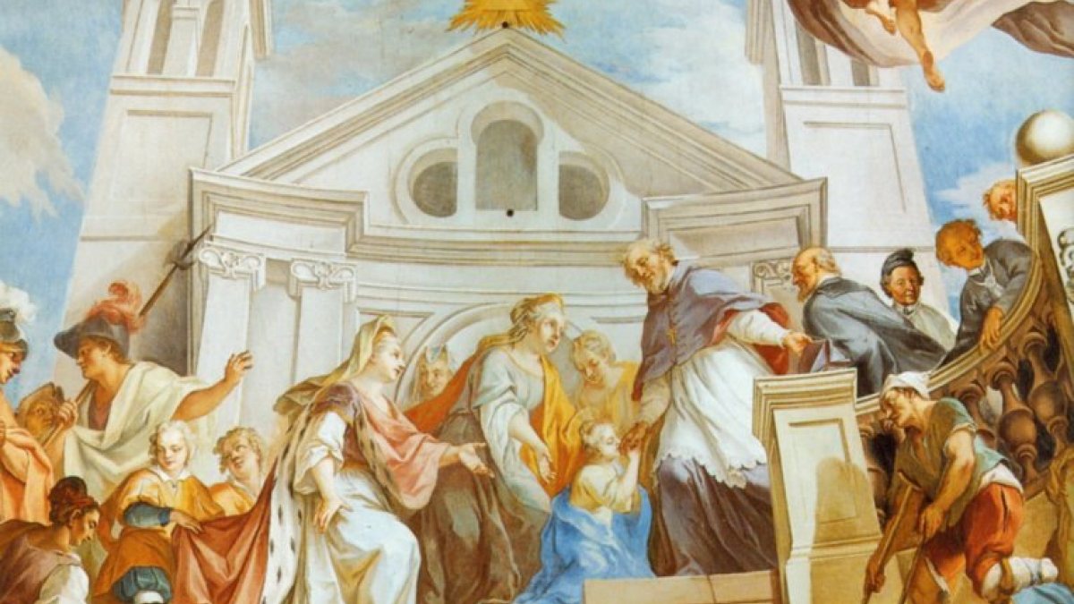 Johann Georg Bergmüller: Mechthildis wird dem Frauenstift St. Stephan in Dießen zur Erziehung übergeben, 1736, Fresko im Marienmünster in Dießen (Joachim Schäfer - <a href="www.heiligenlexikon.de">Ökumenisches Heiligenlexikon</a>)