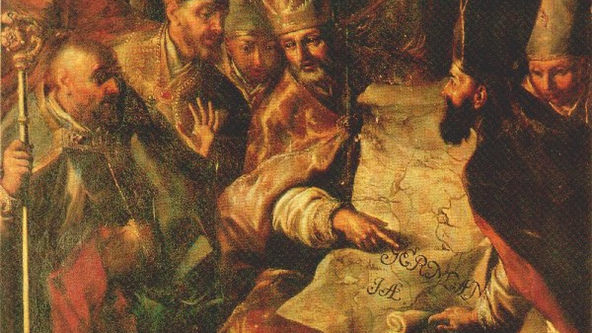 Gemälde Karl Rempp: Bonifatius gründet die vier altbayerischen Bistümer.  (Joachim Schäfer - <a href="www.heiligenlexikon.de">Ökumenisches Heiligenlexikon</a>)