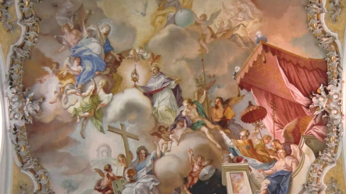 Verherrlichung von Norbert, knieend mit Monstranz, Gem&auml;lde: Johann Georg Bergm&uuml;ller in der heutigen Pfarrkirche in Steingaden (Joachim Sch&auml;fer - <a href="https://www.heiligenlexikon.de">&Ouml;kumenisches Heiligenlexikon</a>)