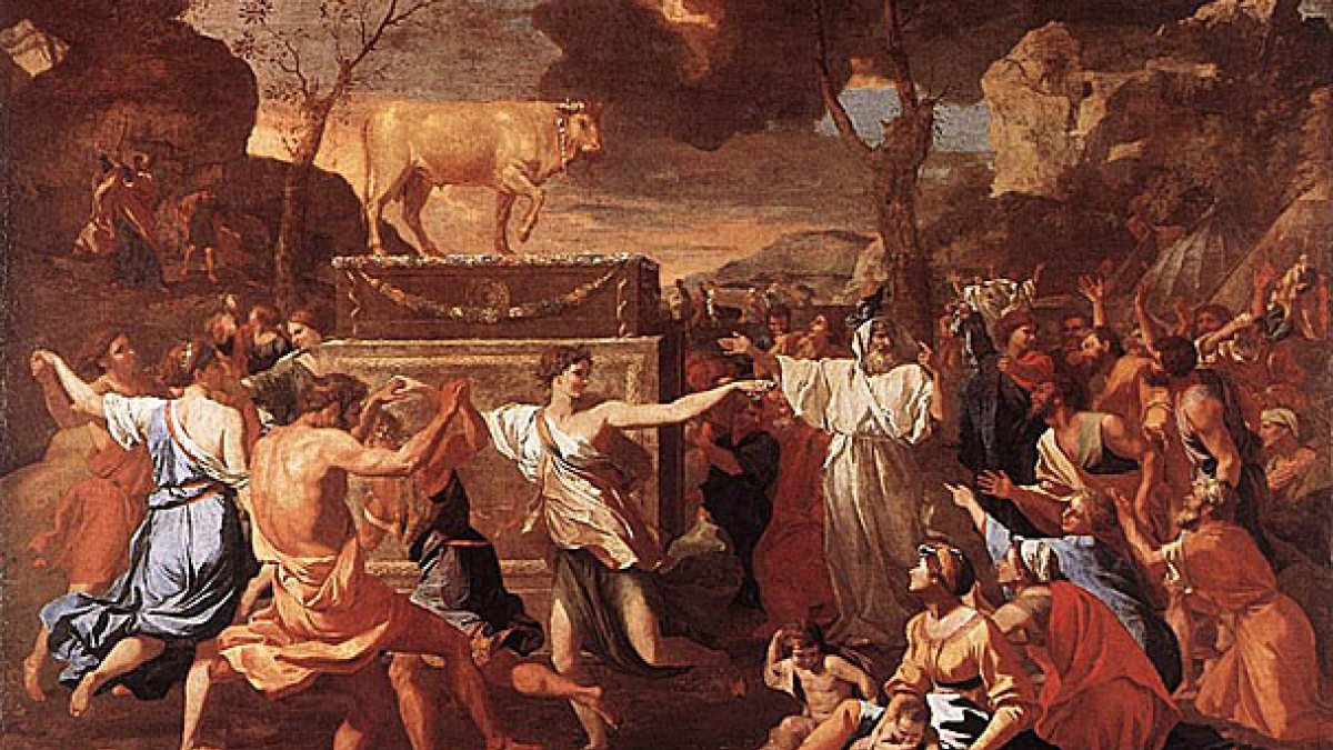 Nicolas Poussin: Der Tanz ums goldene Kalb, um 1634, in der National Gallery in London (Joachim Schäfer - <a href="www.heiligenlexikon.de">Ökumenisches Heiligenlexikon</a>)