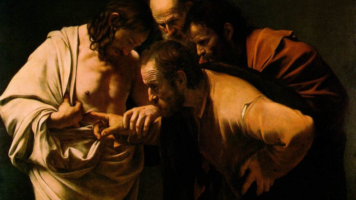 Thomas berührt die Wundmale Jesu. Künstler: Michelangelo Merisi da Caravaggio, 1601-1602, Bildergalerie im Park Sanssouci, Potsdam (Joachim Schäfer - <a href="www.heiligenlexikon.de">Ökumenisches Heiligenlexikon</a> [Public domain], via Wikimedia Commons)